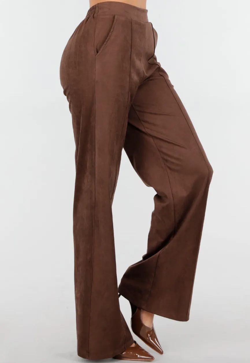 Bruine Suède Pantalon met Rechte Pijpen en Naaddetails