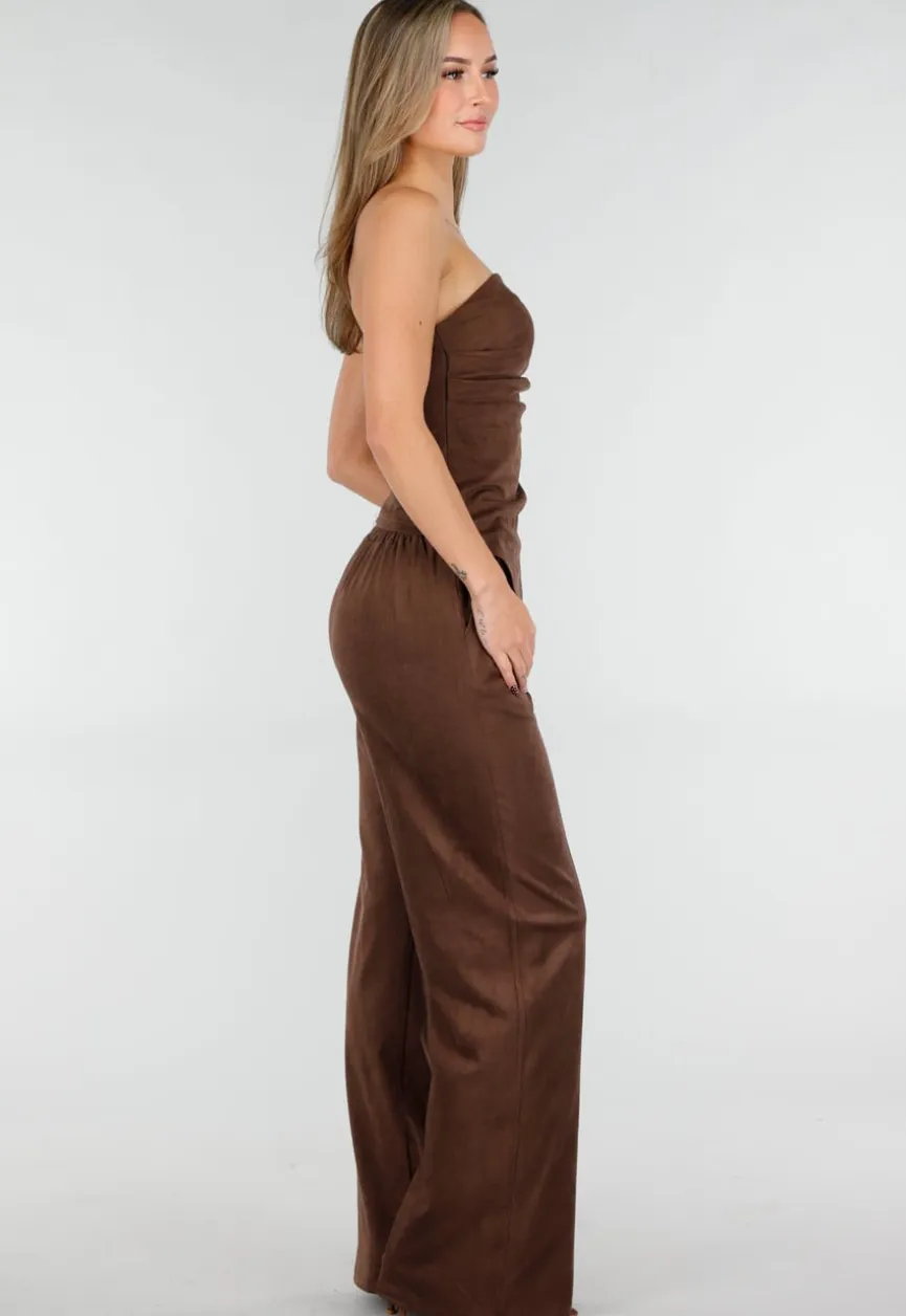 Bruine Suède Pantalon met Rechte Pijpen en Naaddetails