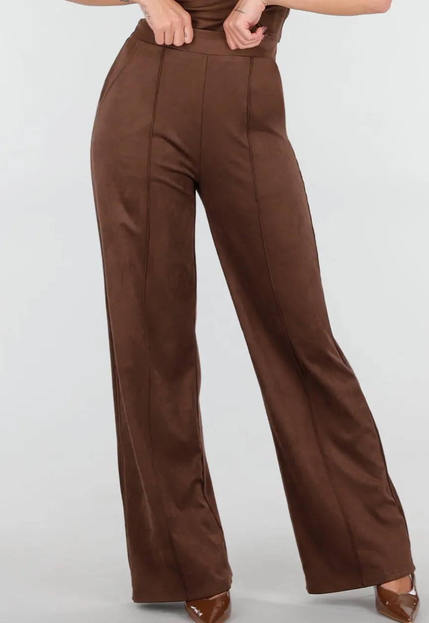 Bruine Suède Pantalon met Rechte Pijpen en Naaddetails