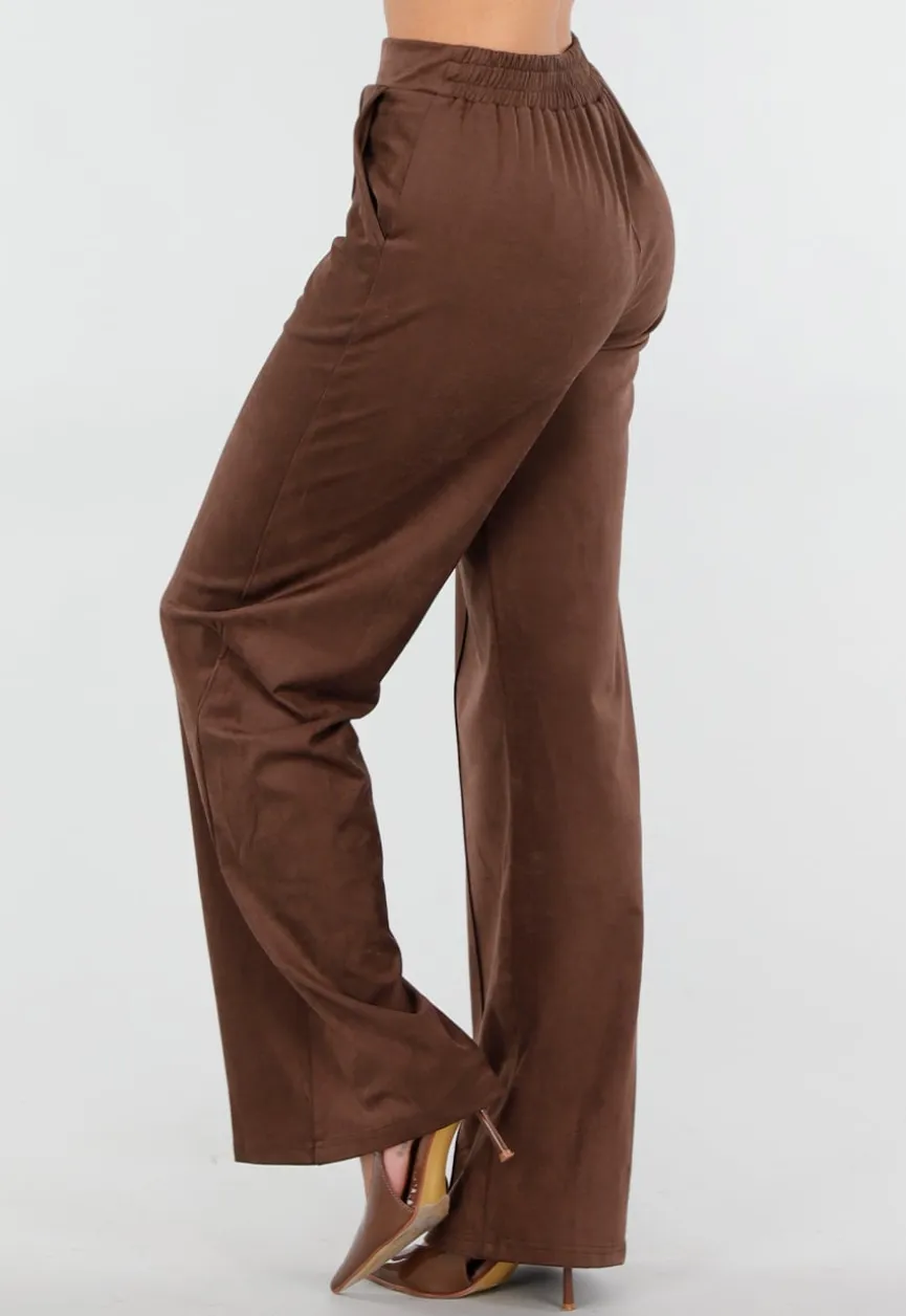 Bruine Suède Pantalon met Rechte Pijpen en Naaddetails