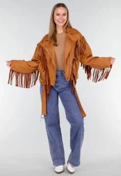 Bruine Suede Look Jas met Lange Fringe Details en Gespsluiting