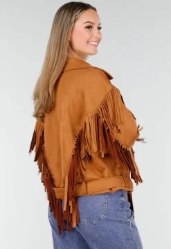 Bruine Suede Look Jas met Lange Fringe Details en Gespsluiting
