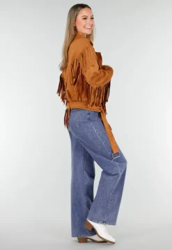 Bruine Suede Look Jas met Lange Fringe Details en Gespsluiting