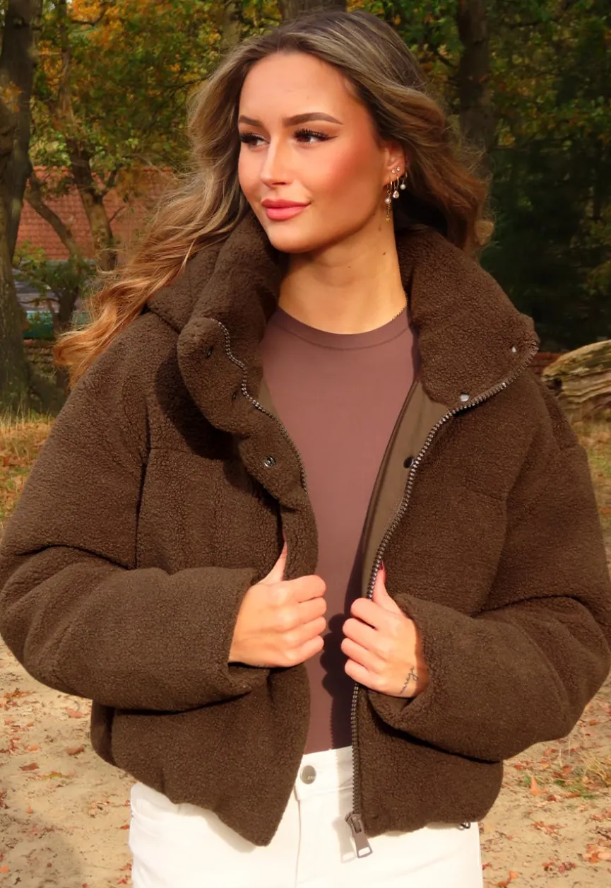 Bruine Teddy Puffer Jas met Hoge Kraag en Capuchon
