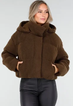 Bruine Teddy Puffer Jas met Hoge Kraag en Capuchon