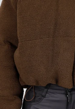 Bruine Teddy Puffer Jas met Hoge Kraag en Capuchon