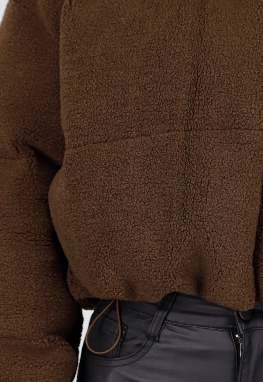 Bruine Teddy Puffer Jas met Hoge Kraag en Capuchon