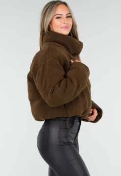 Bruine Teddy Puffer Jas met Hoge Kraag en Capuchon