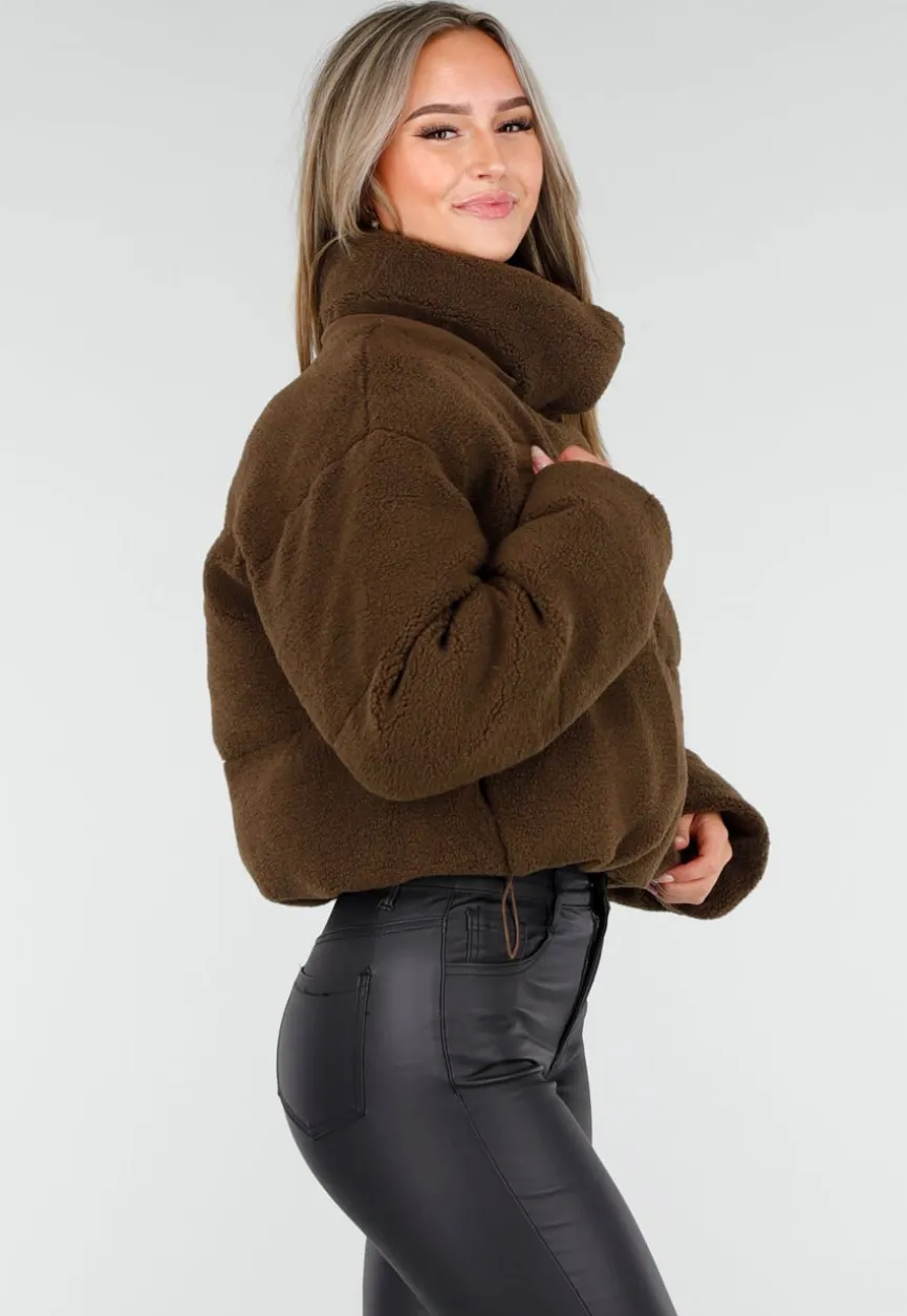 Bruine Teddy Puffer Jas met Hoge Kraag en Capuchon
