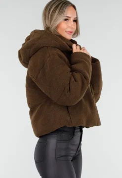 Bruine Teddy Puffer Jas met Hoge Kraag en Capuchon