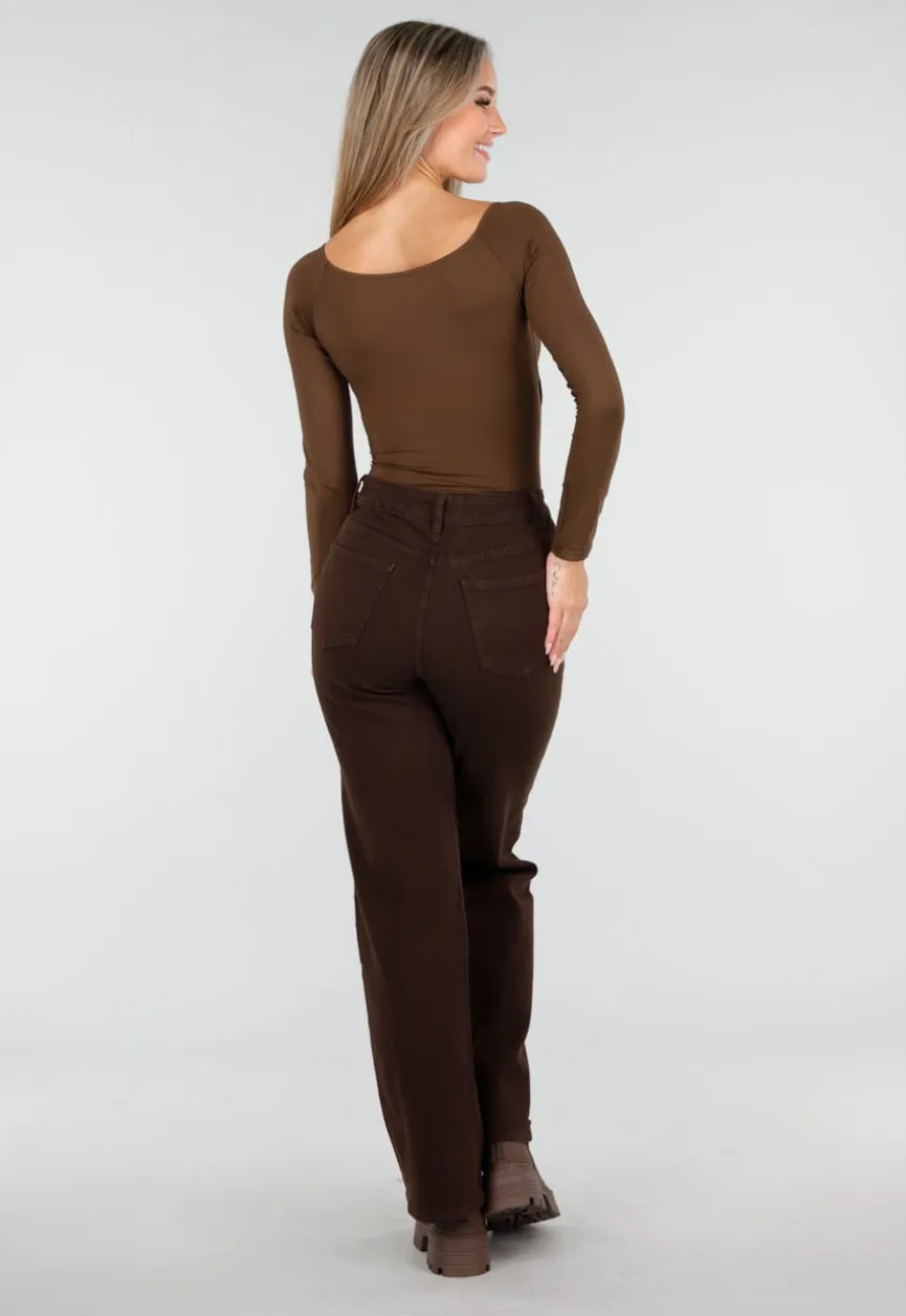 Bruine Top met Overslag en Lange Mouwen