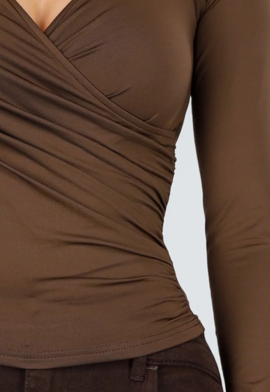 Bruine Top met Overslag en Lange Mouwen