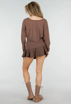 Bruine Transparante Mesh Top met Lange Mouwen en Stretch