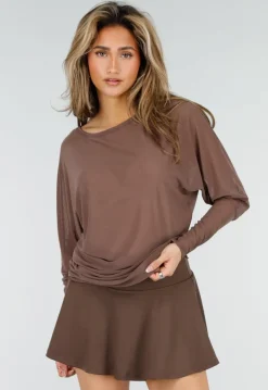 Bruine Transparante Mesh Top met Lange Mouwen en Stretch