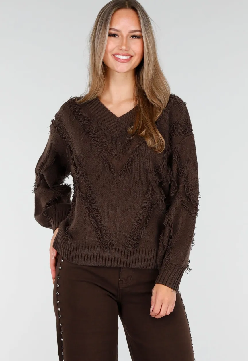 Bruine Trui met V-Hals en Rafel Details