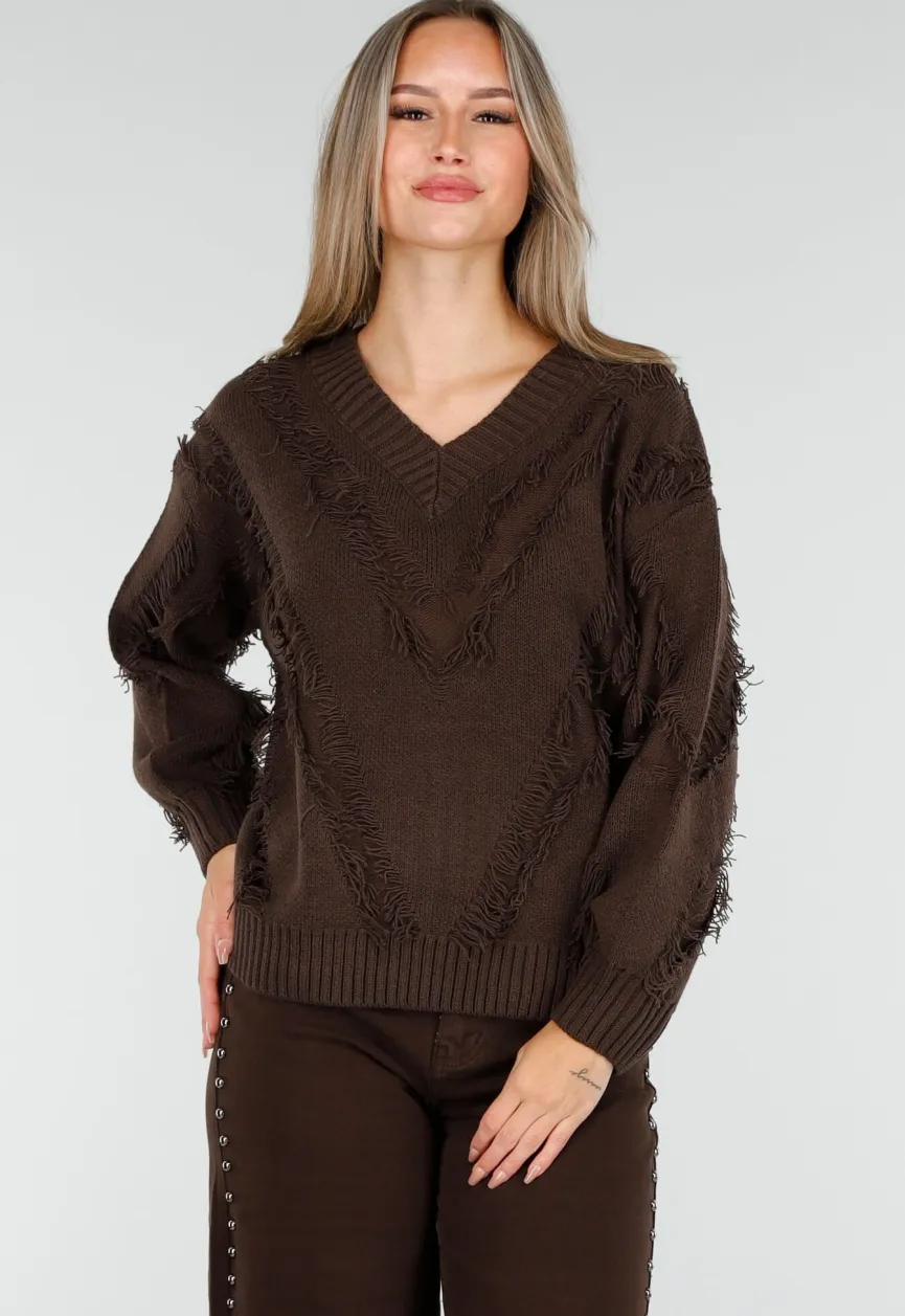Bruine Trui met V-Hals en Rafel Details