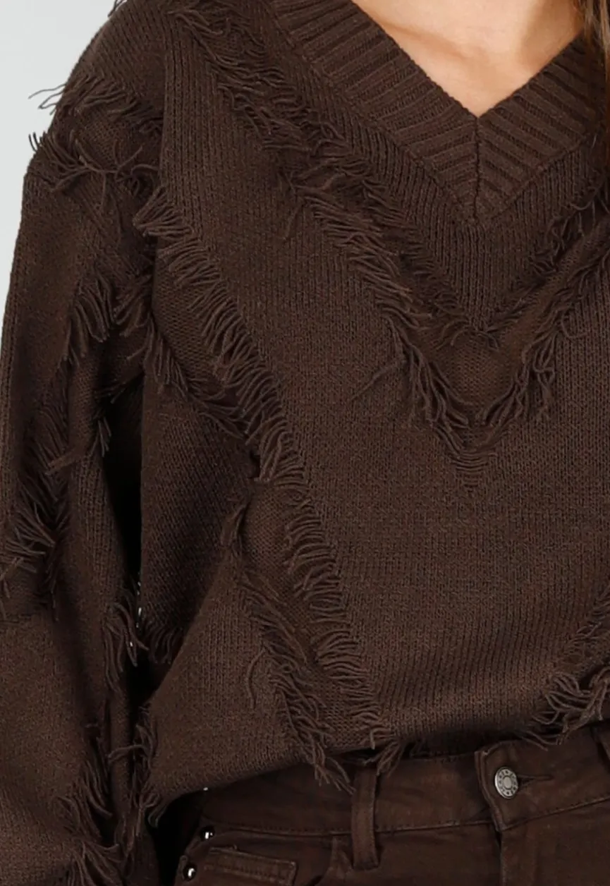 Bruine Trui met V-Hals en Rafel Details