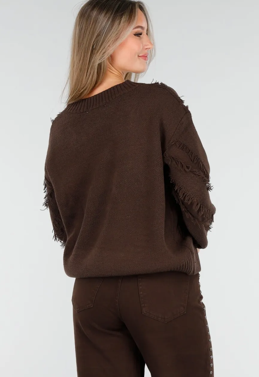Bruine Trui met V-Hals en Rafel Details