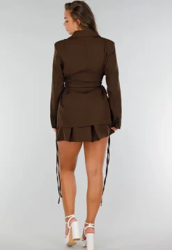 Bruine Tweedelige Set met Blazer met Veteraccent en Rok met Hoge Taille