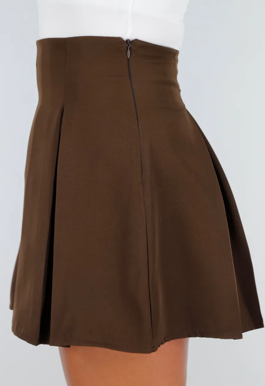 Bruine Tweedelige Set met Blazer met Veteraccent en Rok met Hoge Taille