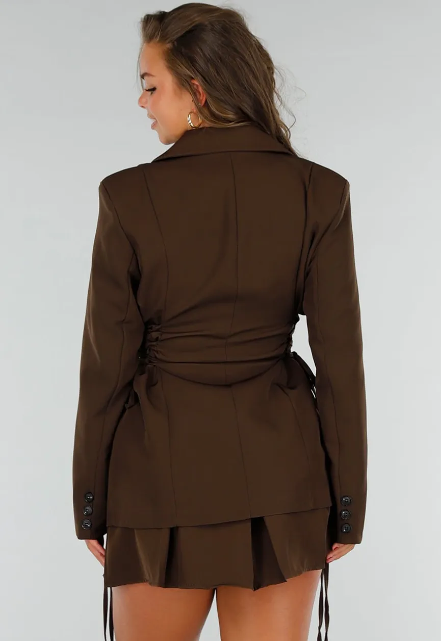 Bruine Tweedelige Set met Blazer met Veteraccent en Rok met Hoge Taille