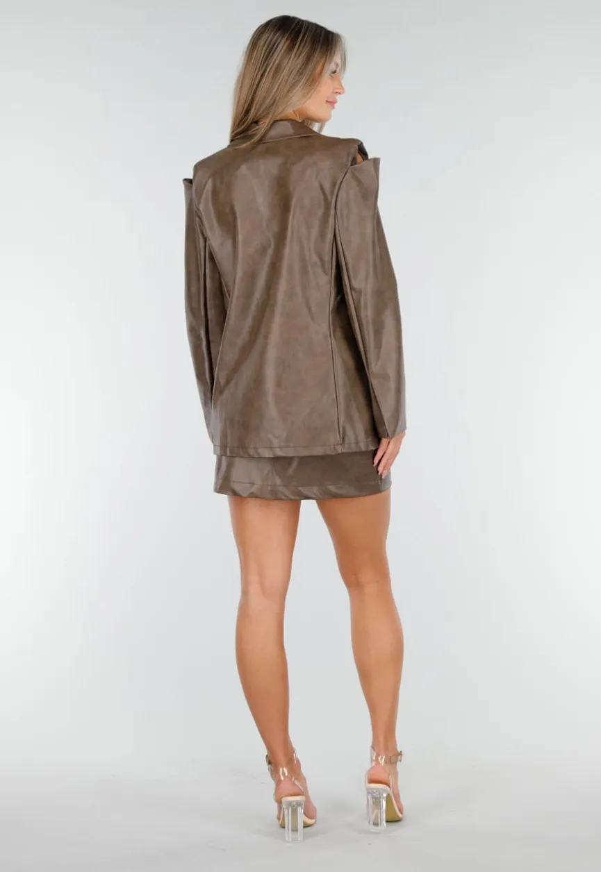 Bruine Two Piece Set van Lederlook met Blazer en Rok