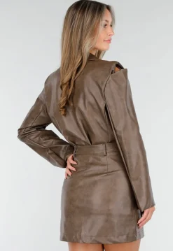 Bruine Two Piece Set van Lederlook met Blazer en Rok