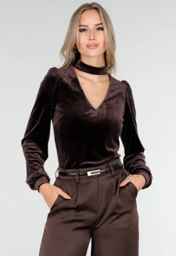 Bruine Velours Top met Cut-Out Halslijn en Lange Mouwen