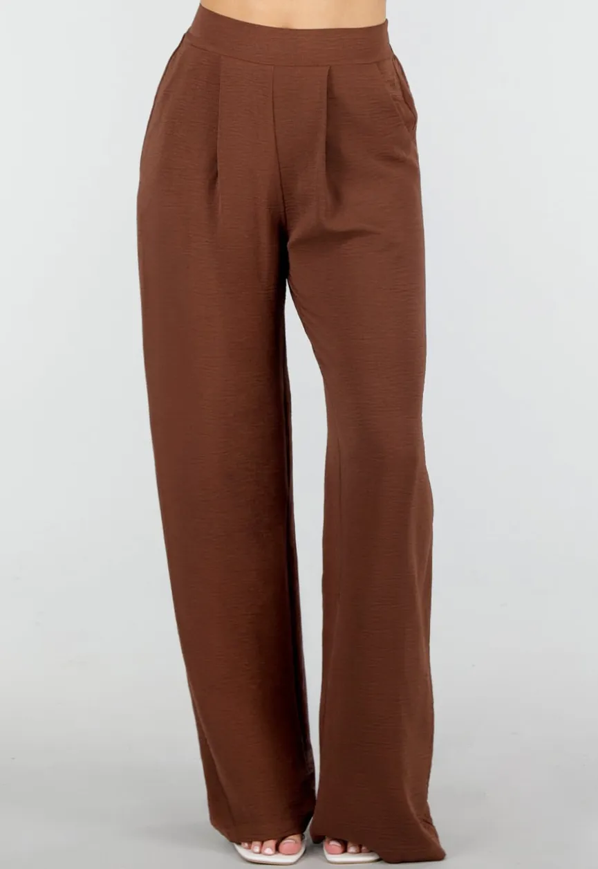 Bruine Wide Leg Broek met Elastische Taille en Plooien