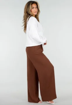 Bruine Wide Leg Broek met Elastische Taille en Plooien