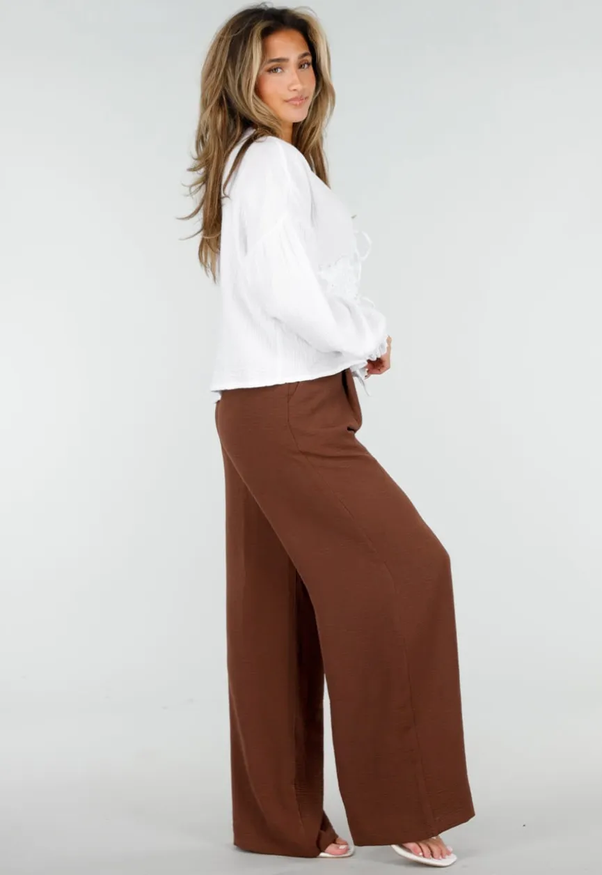 Bruine Wide Leg Broek met Elastische Taille en Plooien