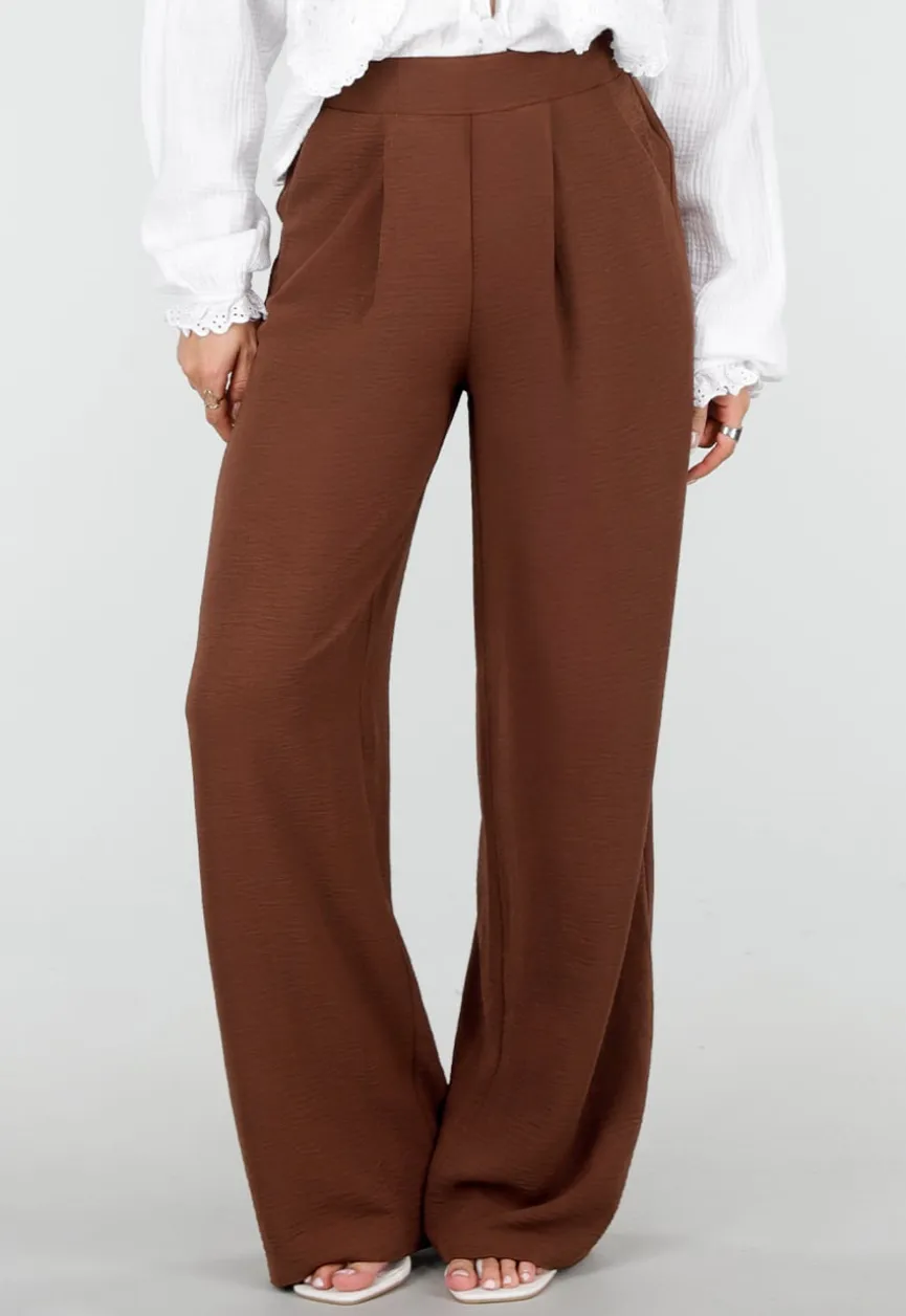 Bruine Wide Leg Broek met Elastische Taille en Plooien