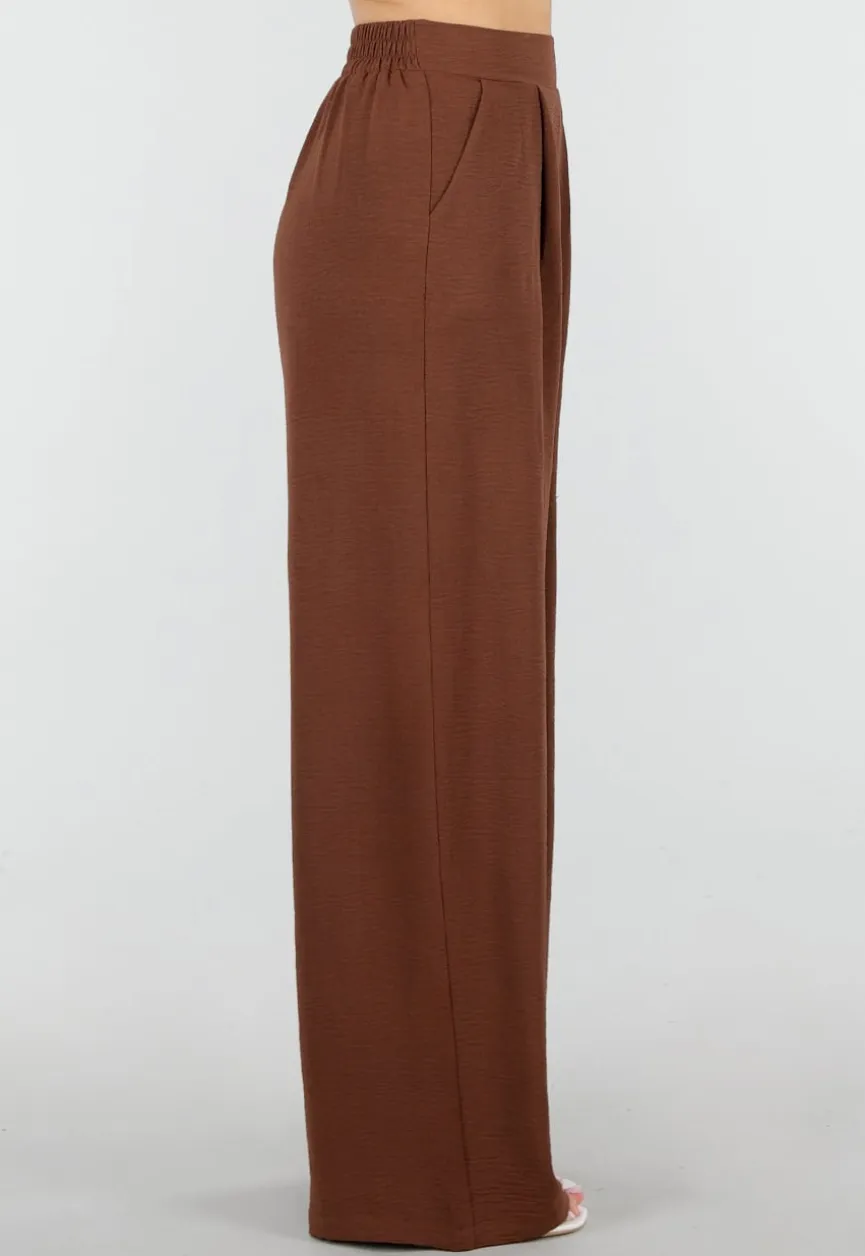 Bruine Wide Leg Broek met Elastische Taille en Plooien