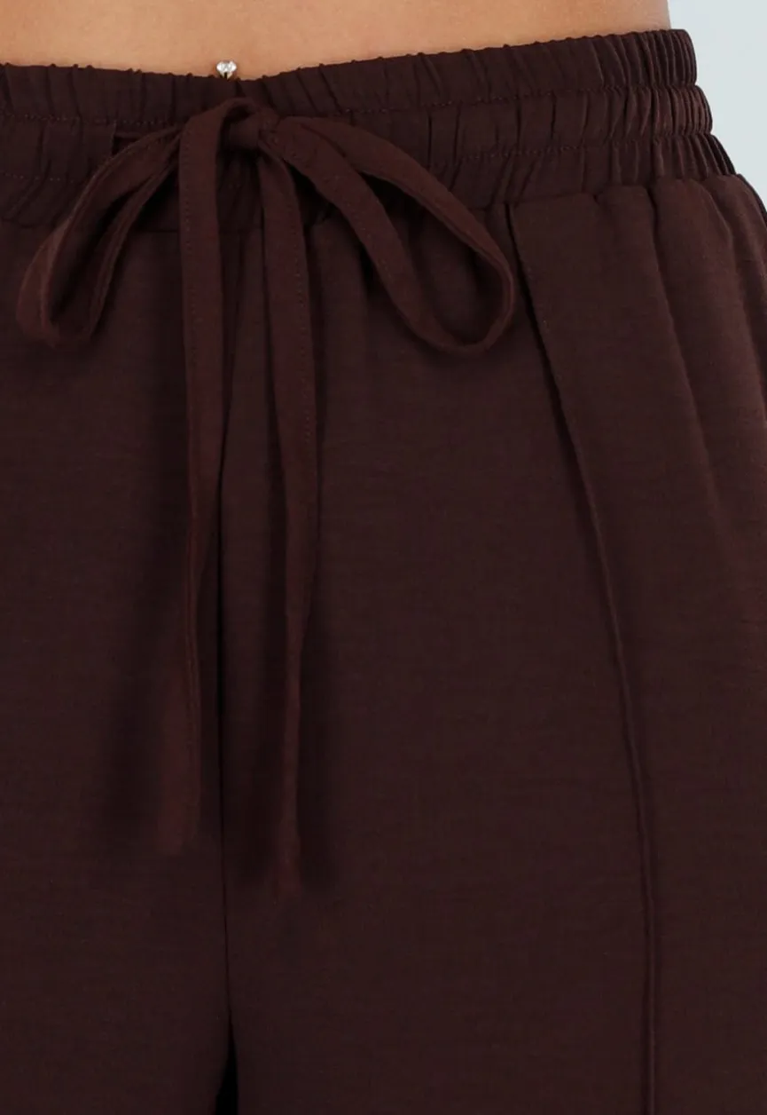 Bruine Wide Leg Broek met Elastische Taille en Strikkoord