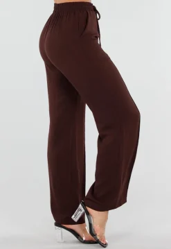 Bruine Wide Leg Broek met Elastische Taille en Strikkoord