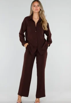 Bruine Wide Leg Broek met Elastische Taille en Strikkoord