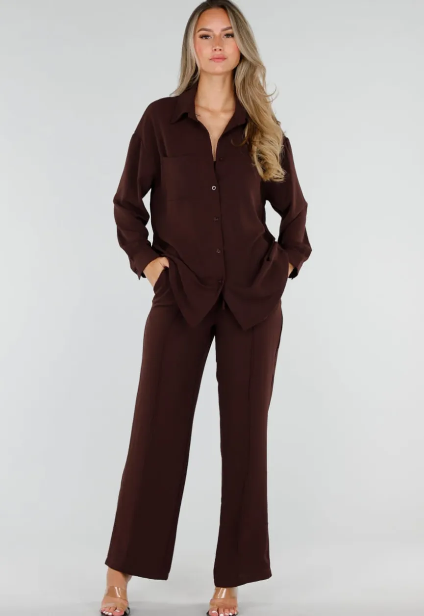 Bruine Wide Leg Broek met Elastische Taille en Strikkoord