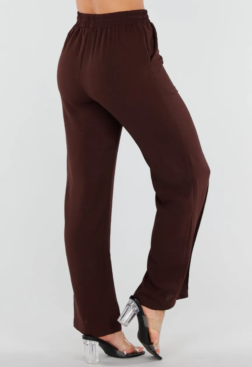 Bruine Wide Leg Broek met Elastische Taille en Strikkoord