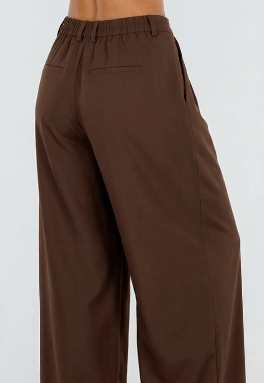 Bruine Wide Leg Pantalon met Hoge Taille en Plooien