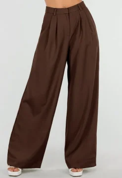 Bruine Wide Leg Pantalon met Hoge Taille en Plooien