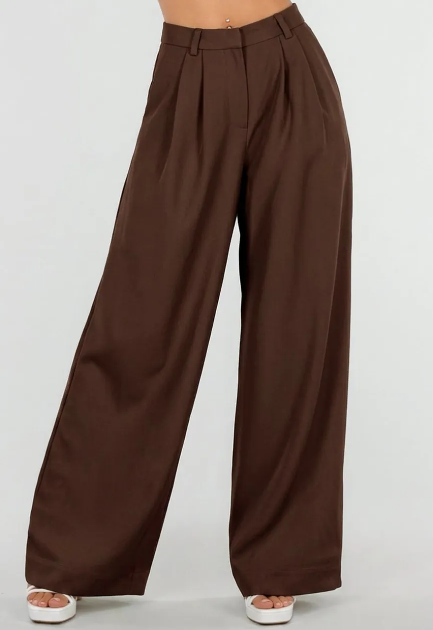 Bruine Wide Leg Pantalon met Hoge Taille en Plooien