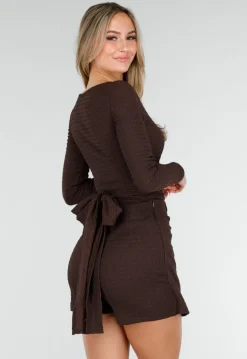 Bruine Wikkel Top met Lange Mouwen en Stretch
