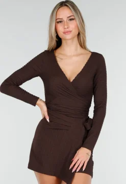 Bruine Wikkel Top met Lange Mouwen en Stretch