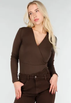 Bruine Wrap Bodysuit met Lange Mouw