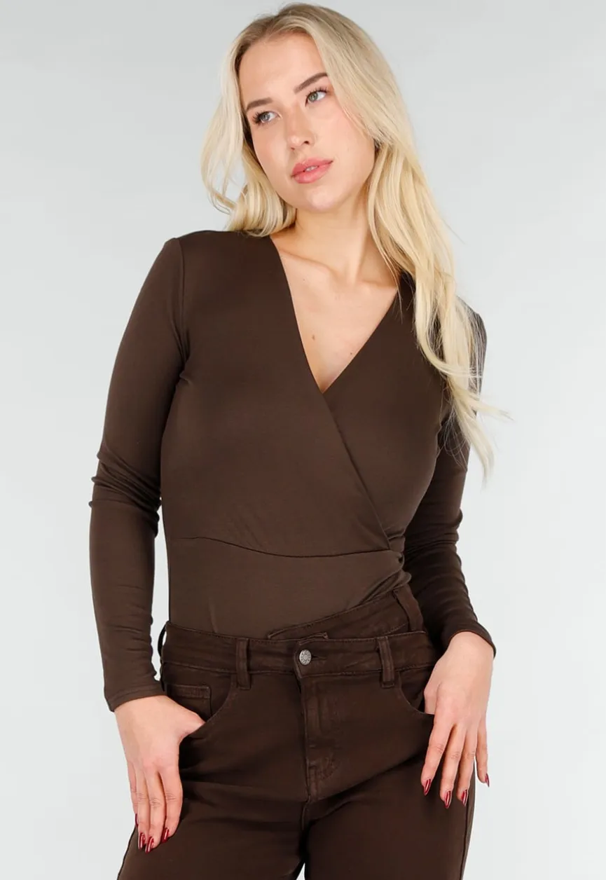 Bruine Wrap Bodysuit met Lange Mouw