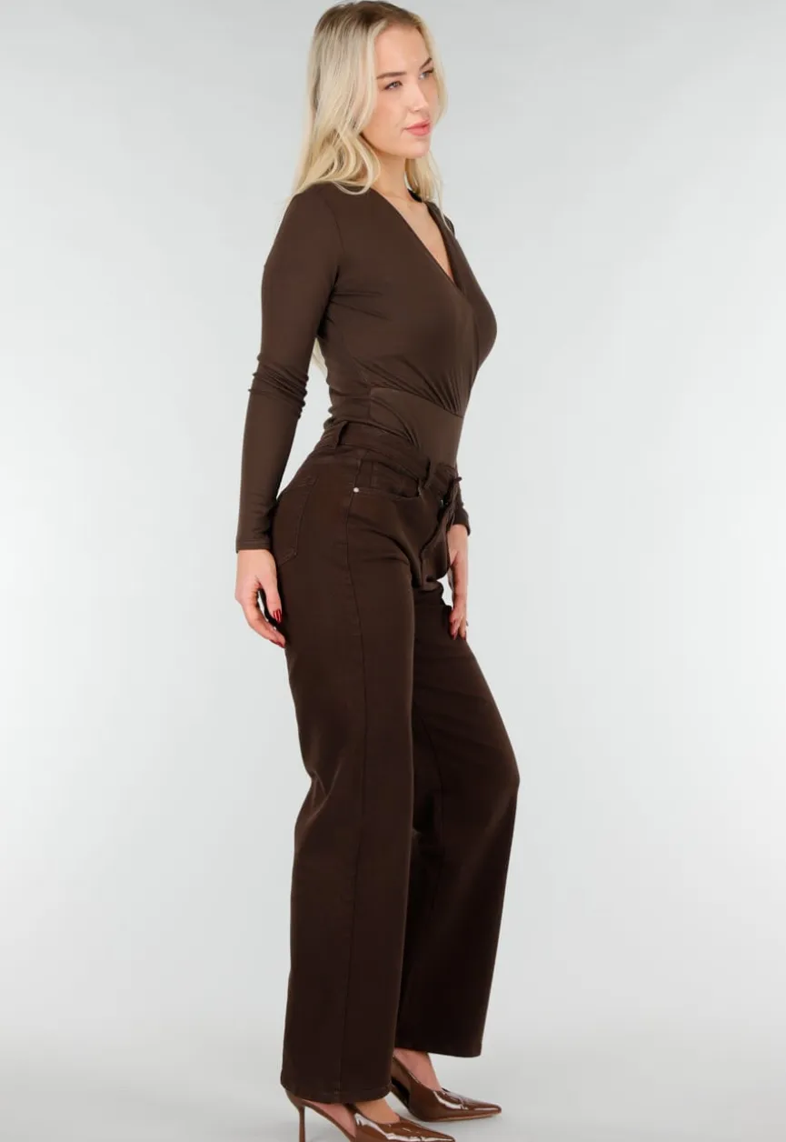 Bruine Wrap Bodysuit met Lange Mouw