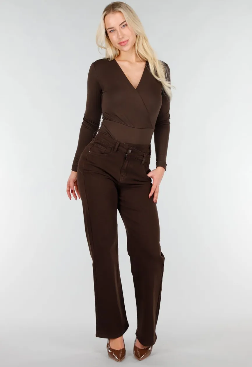 Bruine Wrap Bodysuit met Lange Mouw