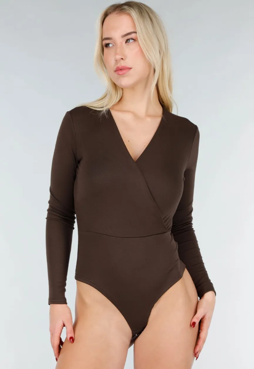 Bruine Wrap Bodysuit met Lange Mouw