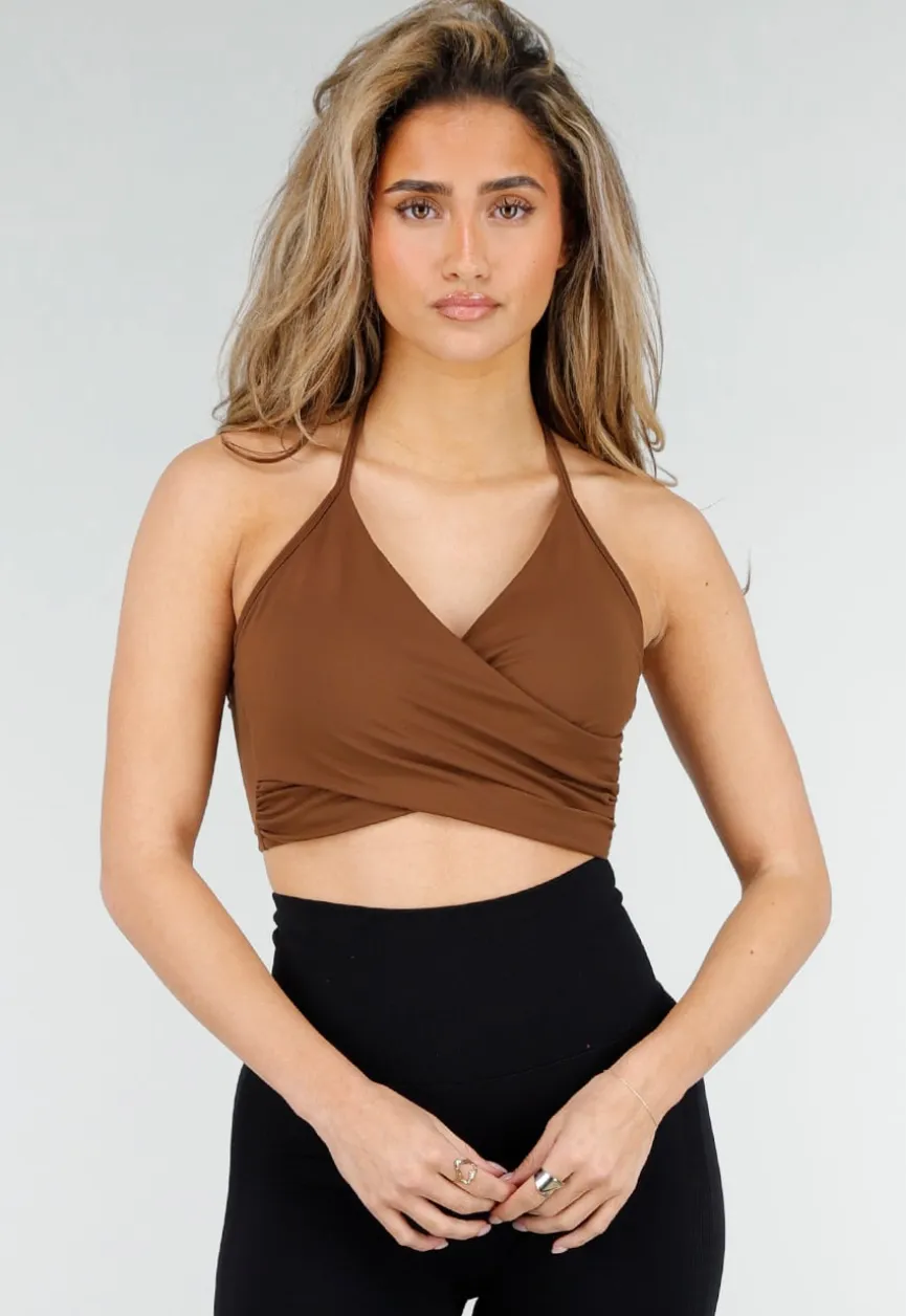 Bruine Wrap Halter Crop Top met Open Rug en Push Up Pads