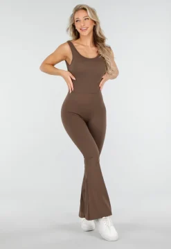 Bruine Yoga Jumpsuit Met Flared Pijpen en Lage Rug